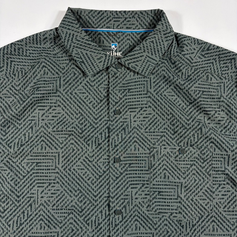 Kühl Button Down Shirt Mens XL Short Sleeve Geometric Maze Pattern Gray